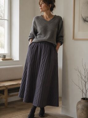 Black Crane Quilted A-Line Midi Skirt Gray XS Minimalist Cotton Lagenlook Chic